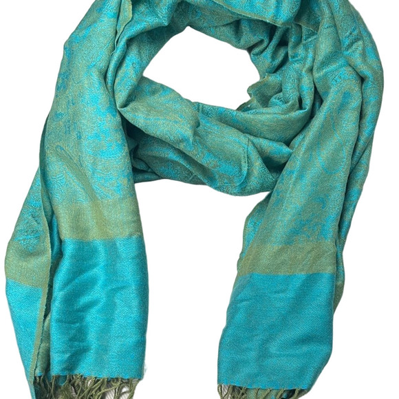 Pashmina Silk Scarf in Teal and Olive - Picture 1 of 5